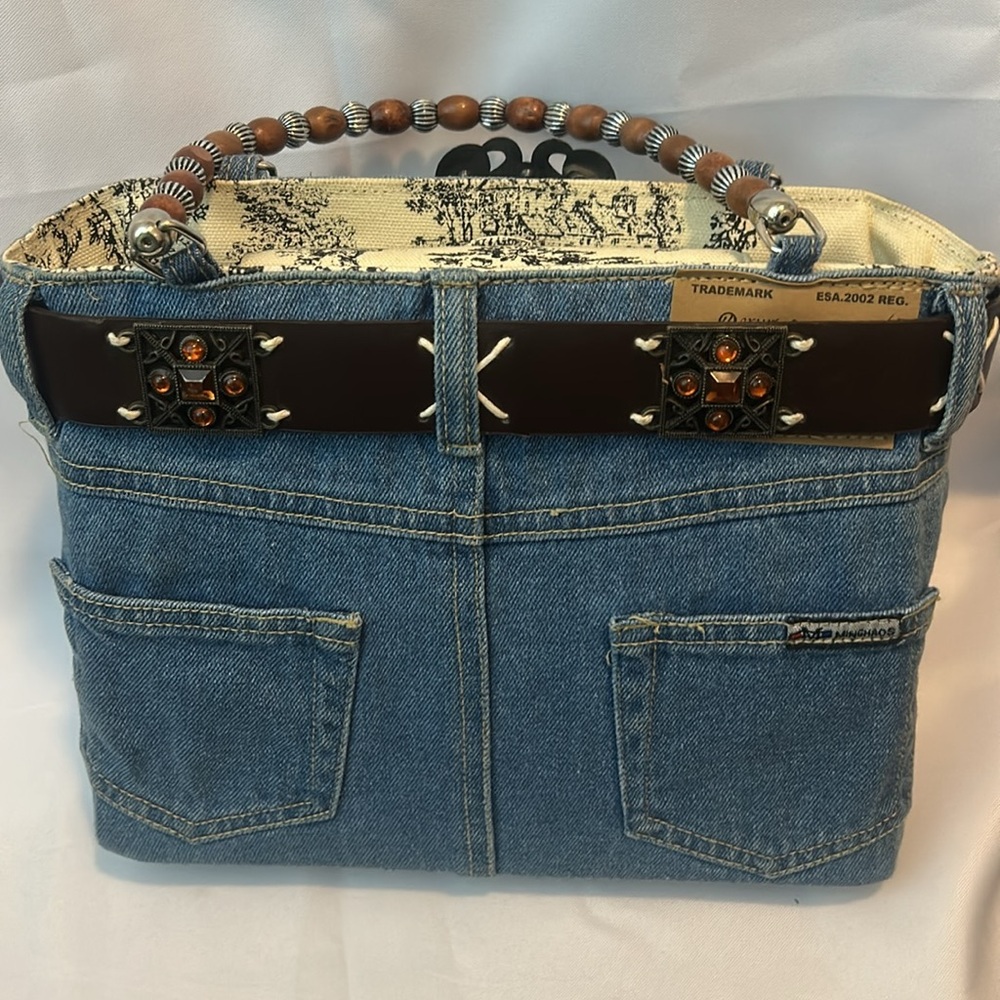 Denim and Brown Beaded Women's Bag - Picture 6 of 8